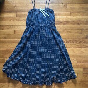 Vintage Polka Dot Navy Blue Sundress With Spaghetti Straps & White Bow Detail -